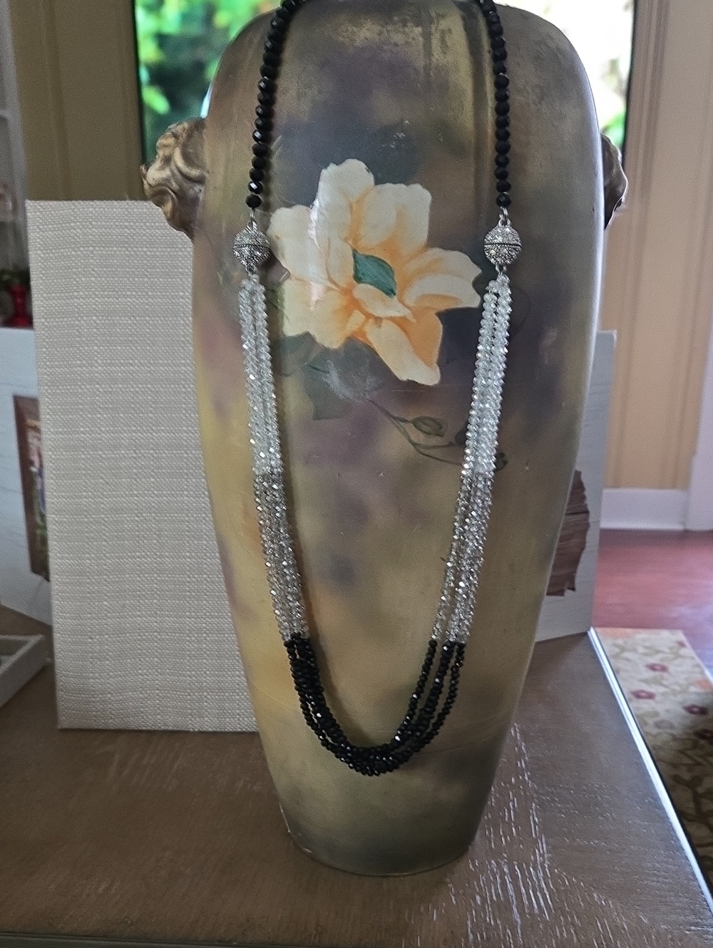 Elegant Black,Clear,and Silver Beaded Long Necklace